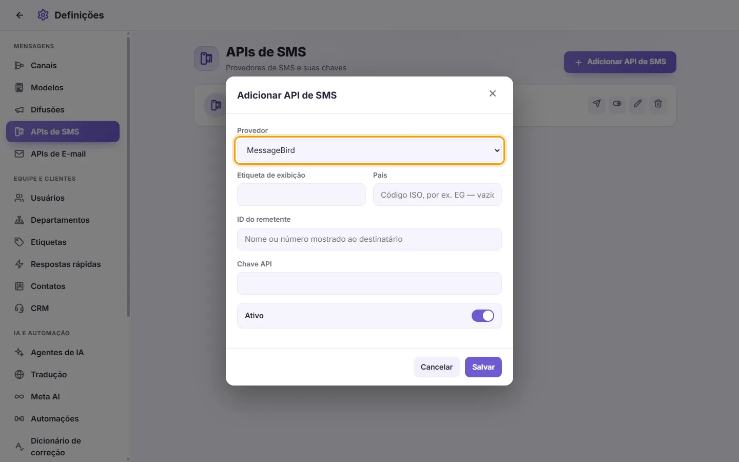 The new SMS gateway window: the provider first, then the country, keys and sender
