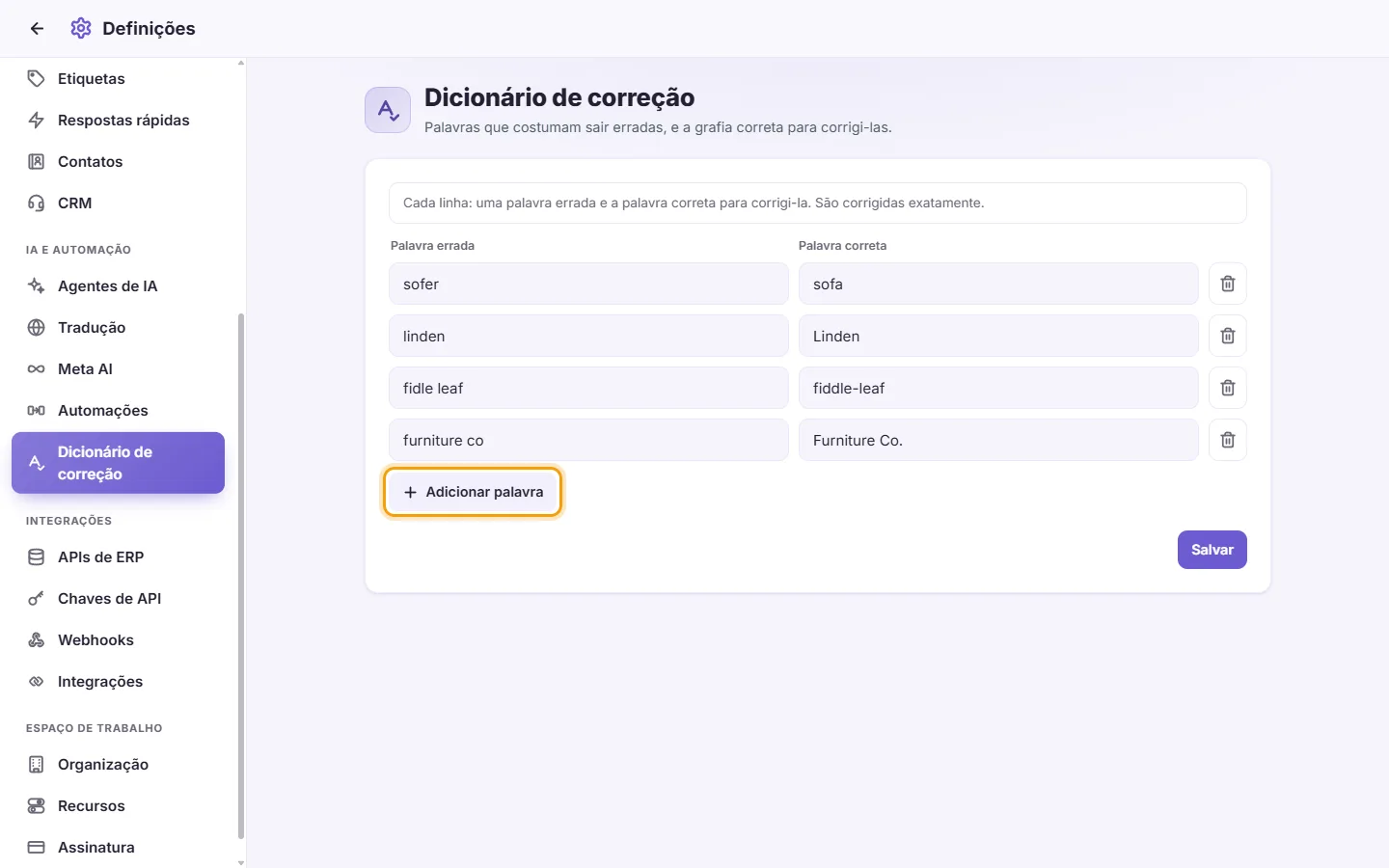 Settings, Correction dictionary: the wrong words and their corrections, and the "Add word" button