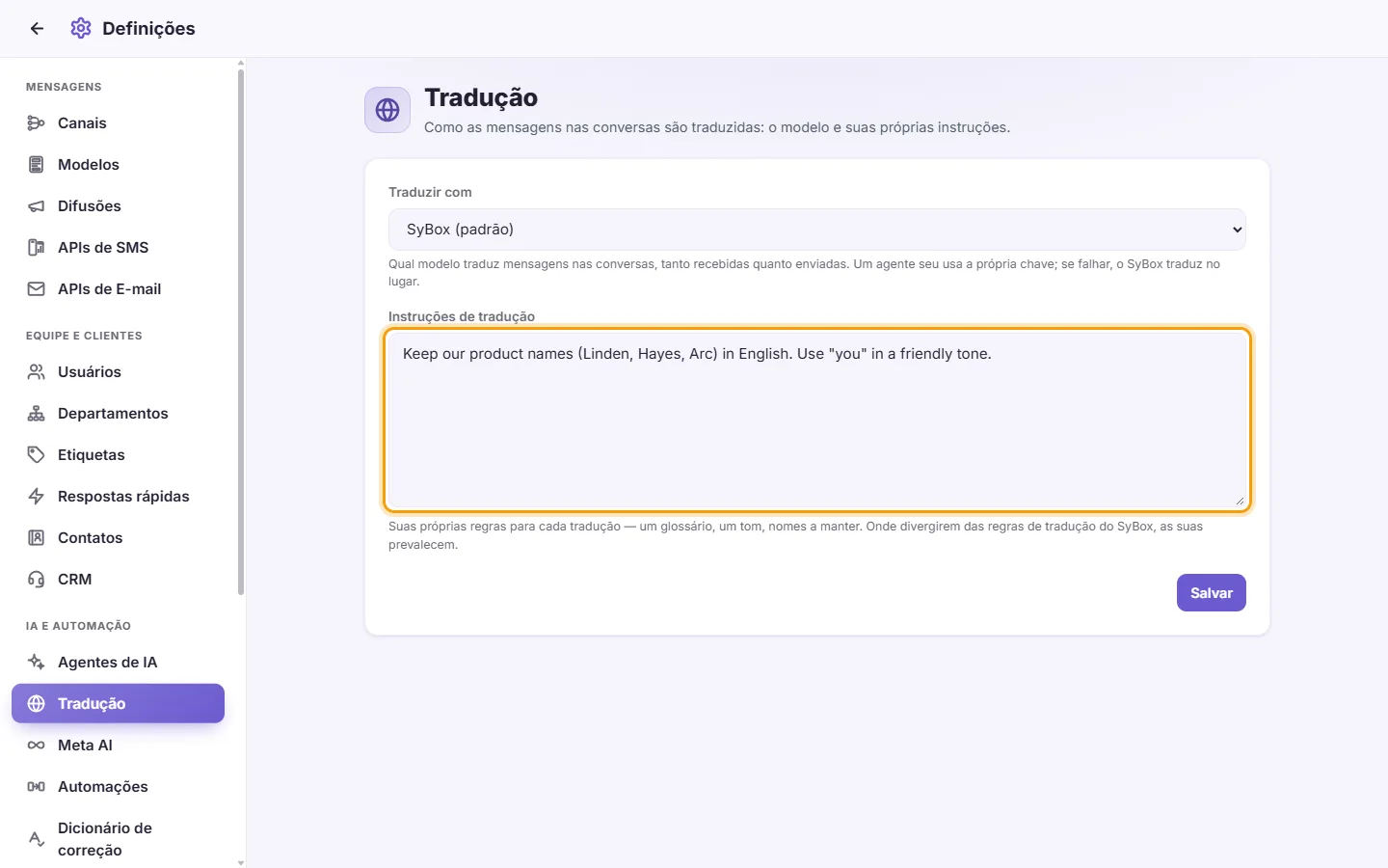 Settings, Translation: the "Translation instructions" box with an example rule