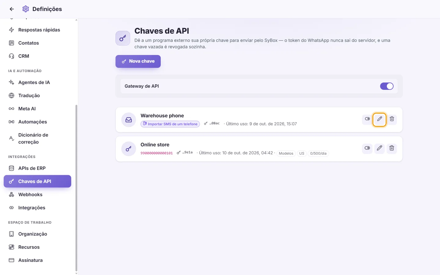 To change, pause or delete a key: "Edit" marked on the screen in SyBox