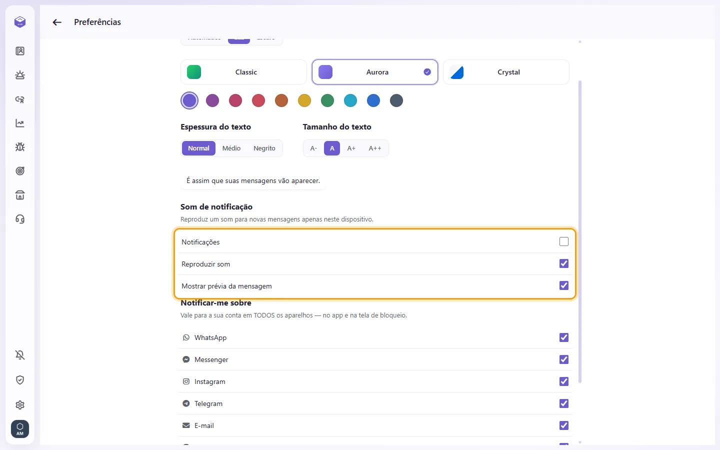 Preferences: Notifications, Play sound and Show message preview