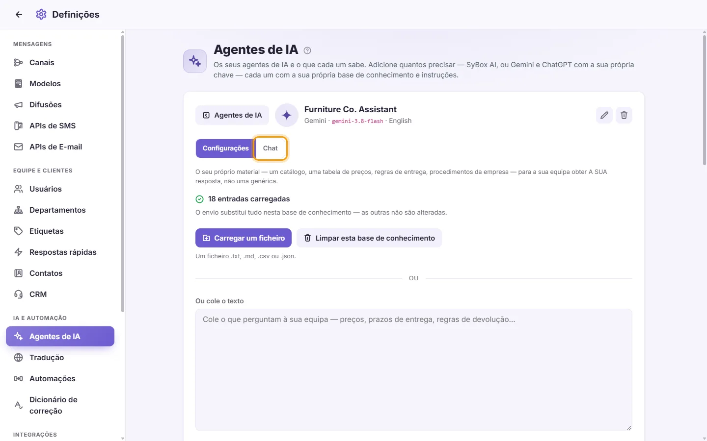 An agent's page: its "Chat" tab beside "Settings"