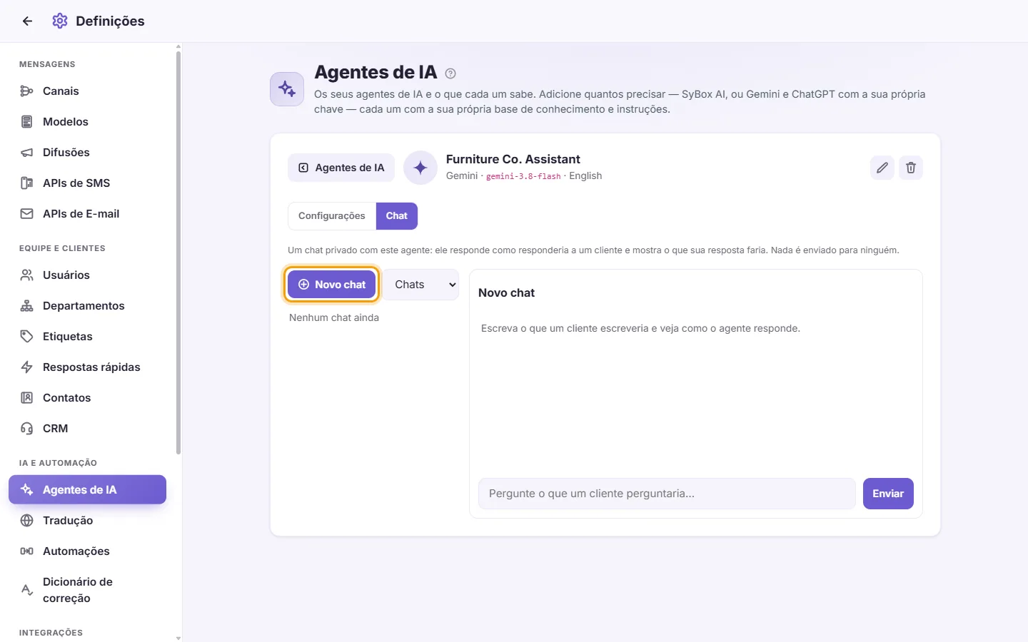 The agent's Chat: "New chat" and the list of your chats with it