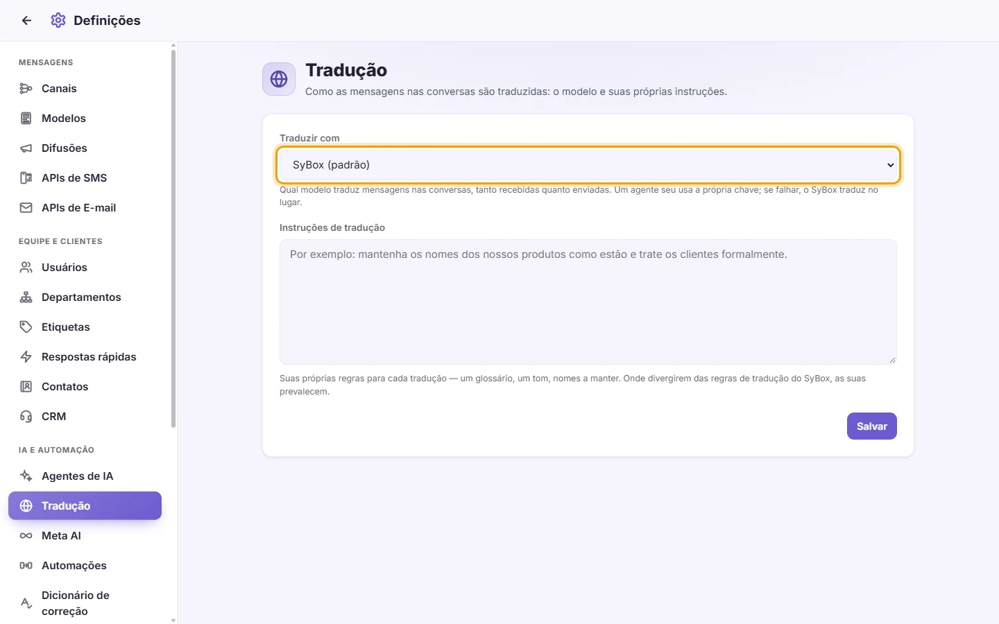 Settings, Translation: "Translate with" chooses who translates the messages