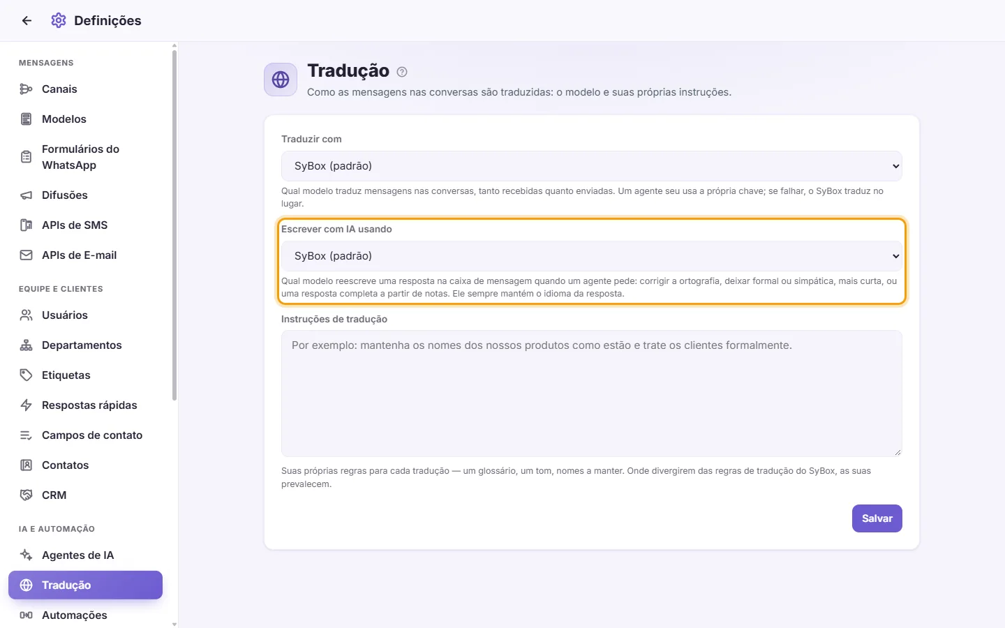 Translation settings: "Write with AI using"