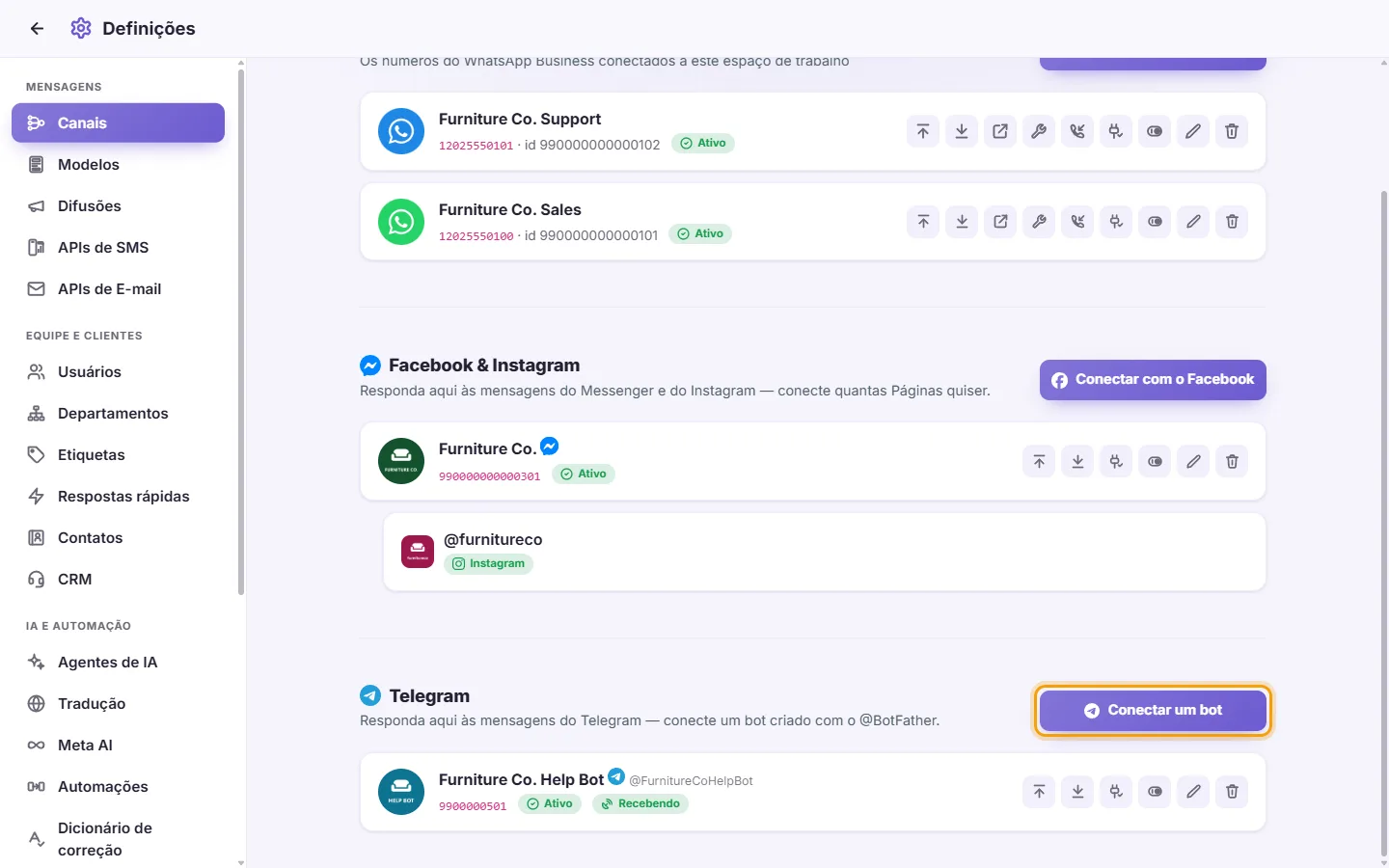 Settings, Channels: the Telegram part with its "Connect a bot" button and a connected bot