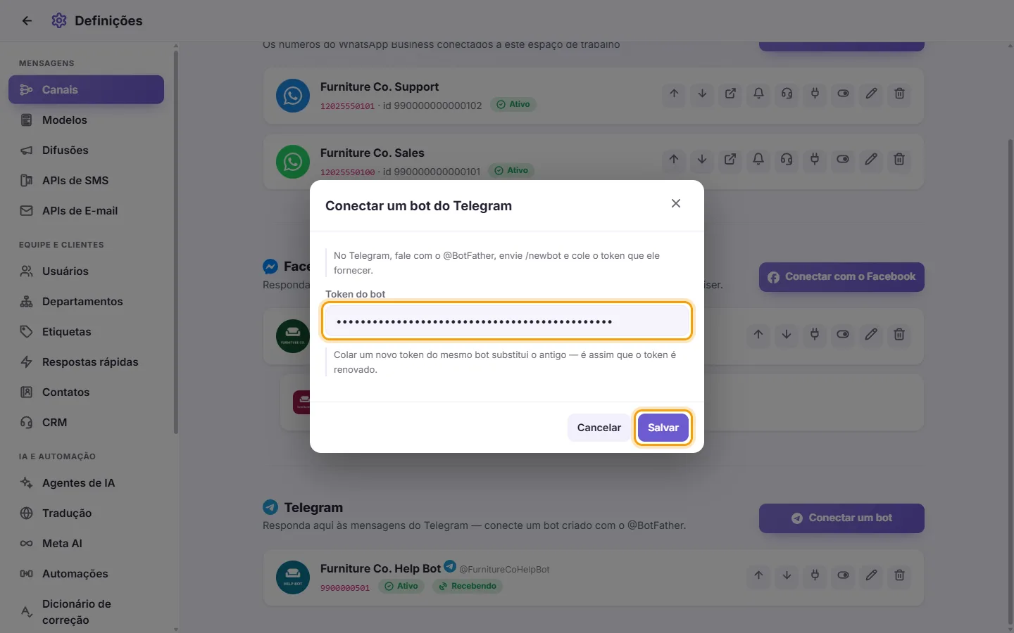 The "Connect a Telegram bot" window: the Bot token field with an example token, and the Save button