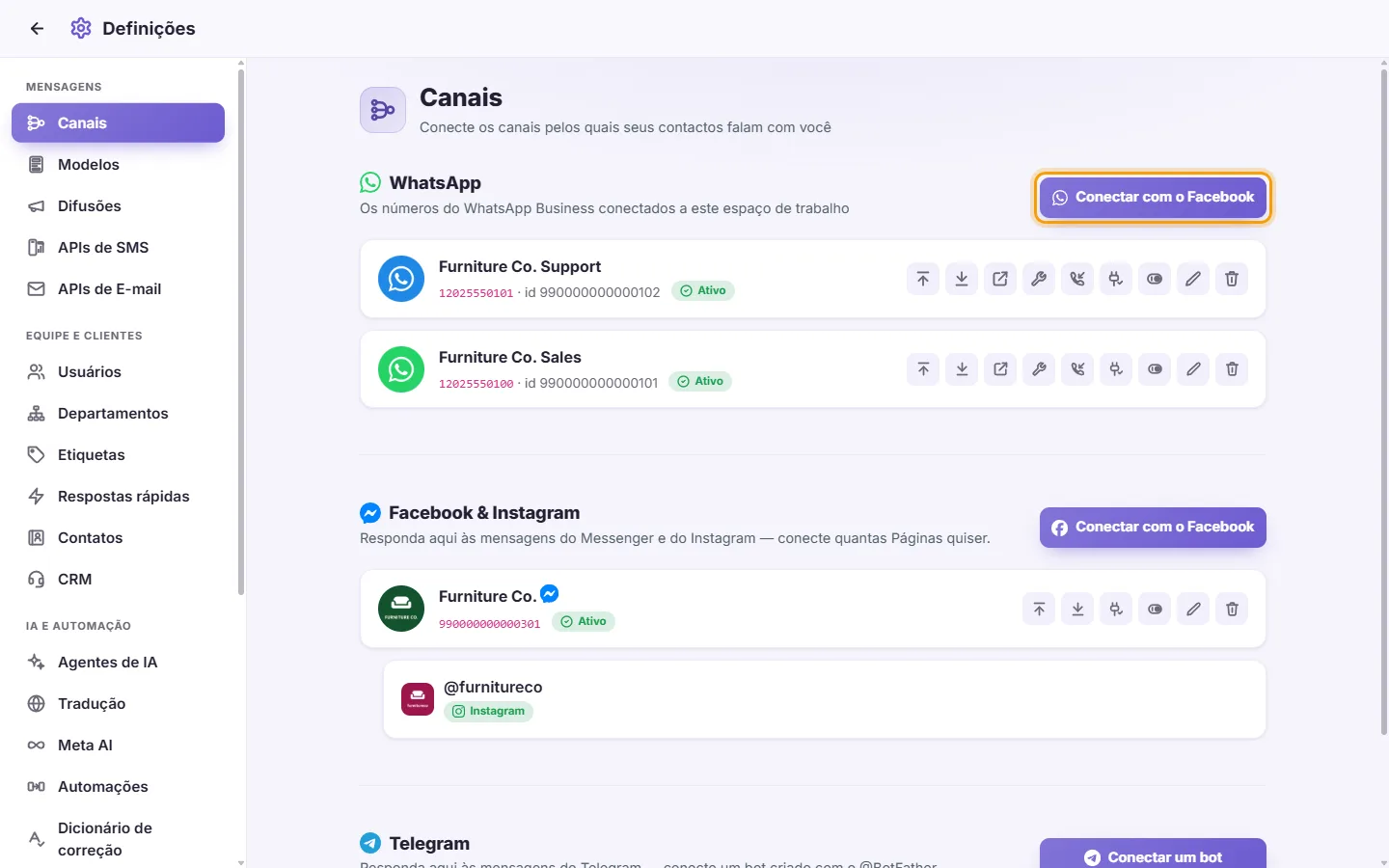 Settings, Channels: the WhatsApp part with its "Connect with Facebook" button and two connected numbers