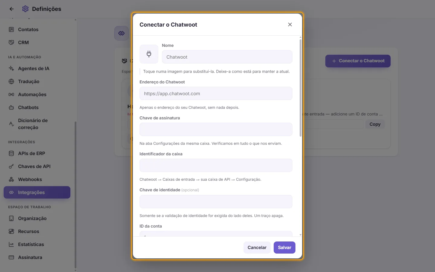 Connect Chatwoot: the address, the signing secret, the inbox identifier, the account ID and the administrator token, then the numbers