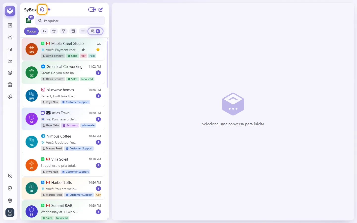 "Contact support": the headset after the workspace's name, above the conversation list