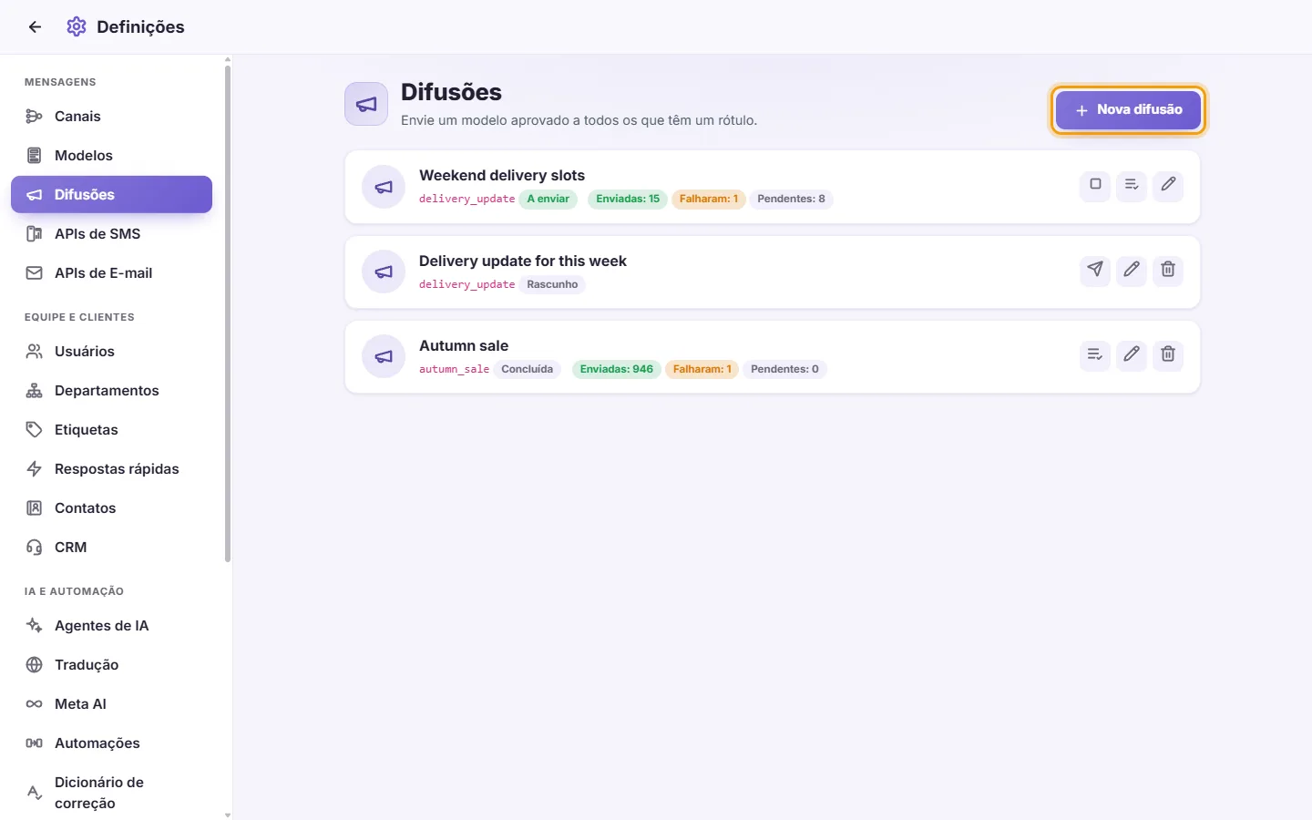 Settings, Broadcasts: one sending, a draft and a finished one, and the "New broadcast" button