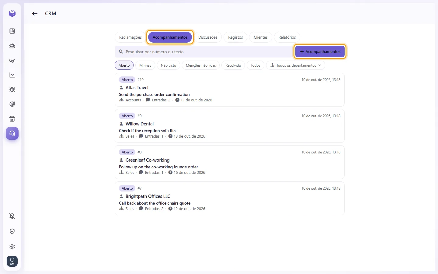 CRM, Follow-ups: the open follow-ups and the "+" button that adds one