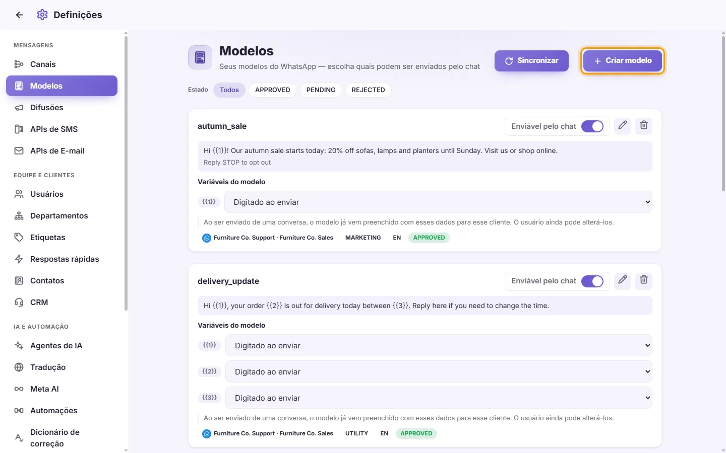 Settings, Templates: the template cards, the filters for their status, and the "Create template" button