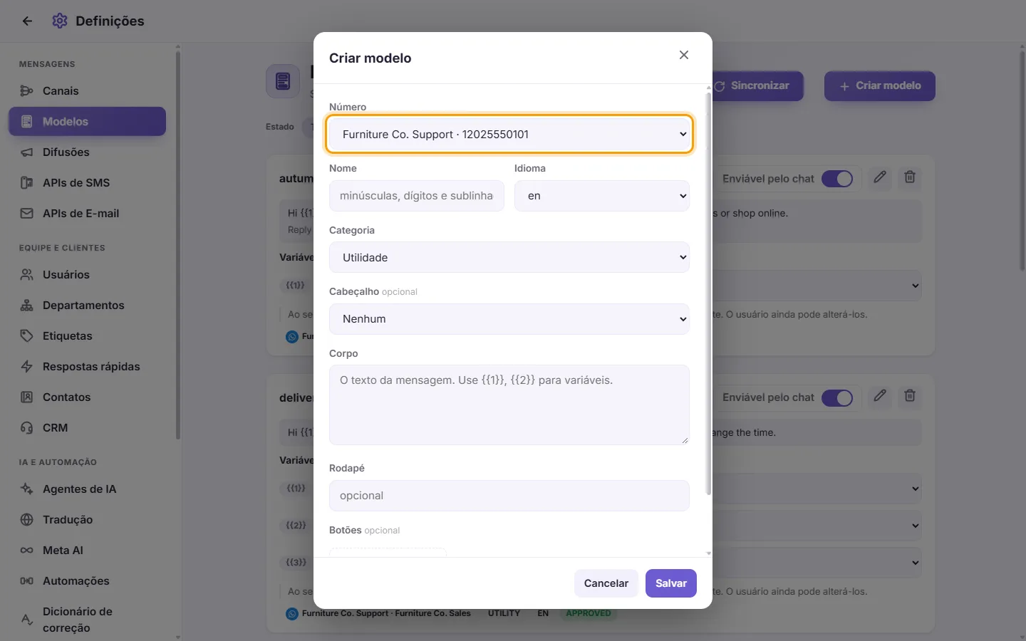 The new template form: the number it belongs to first, then its name, category, language and content