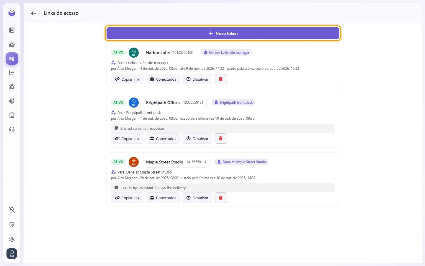 Access links: the links already shared and the "New token" button