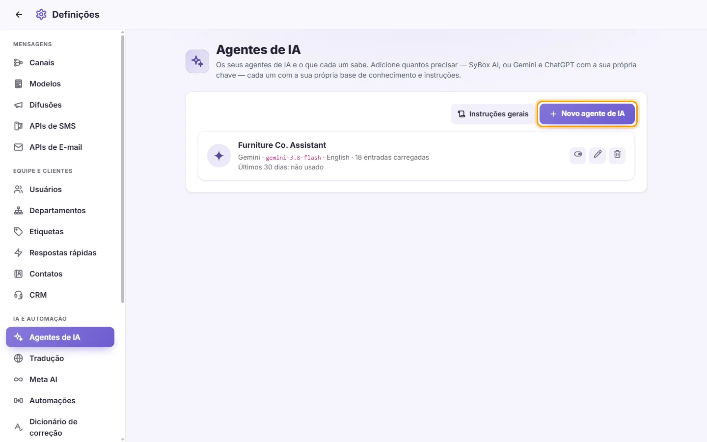 Settings, AI Agents: the agents already made and the "New AI agent" button
