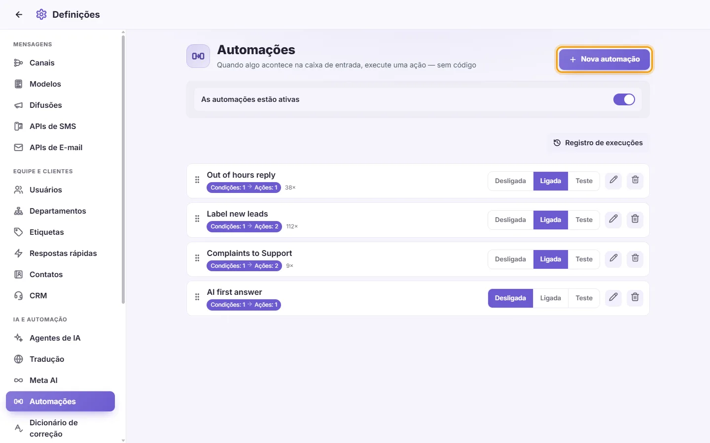 Settings, Automations: rules that run on their own, with their runs, and the "New automation" button