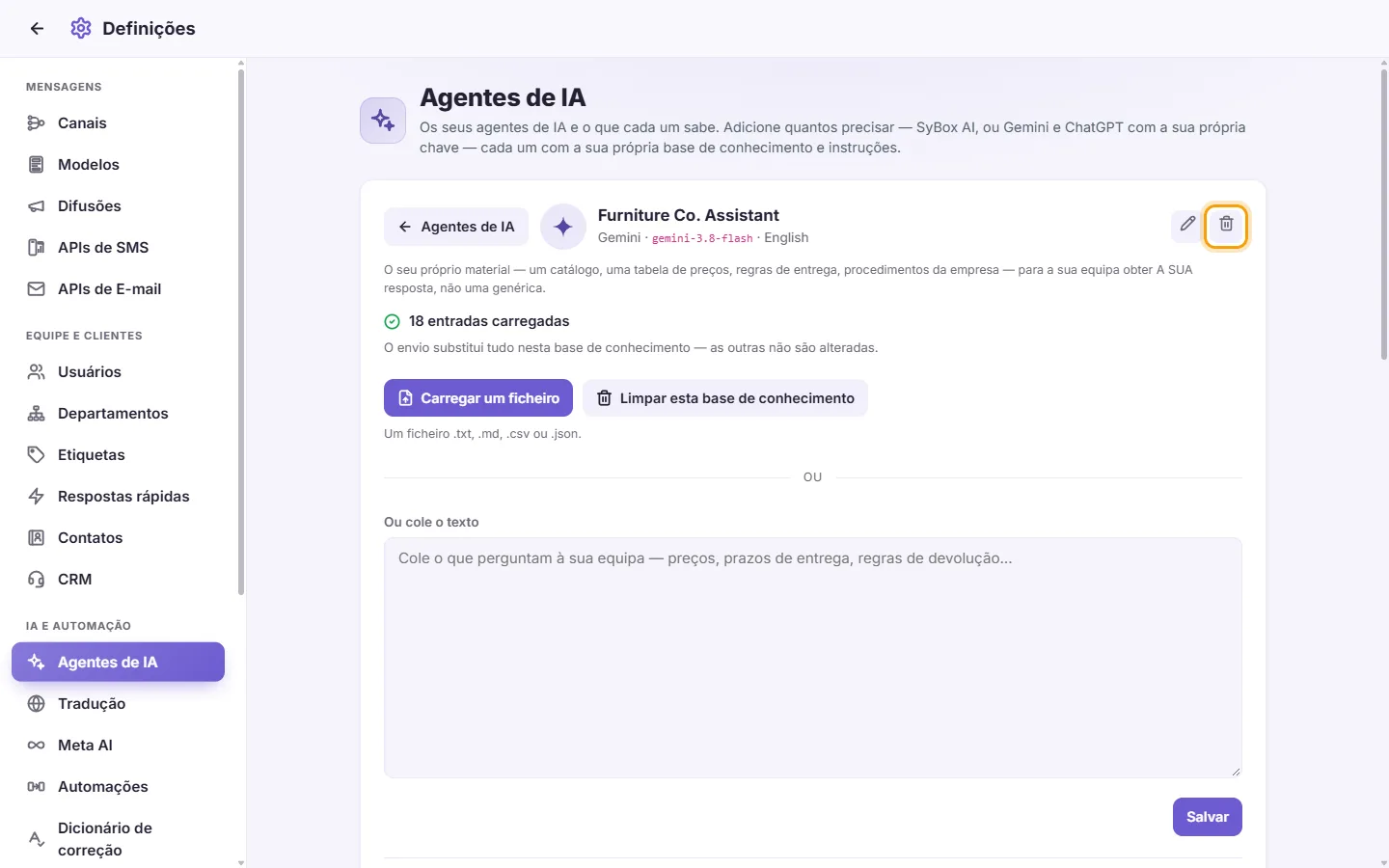 An agent's page: the trash next to its name deletes it