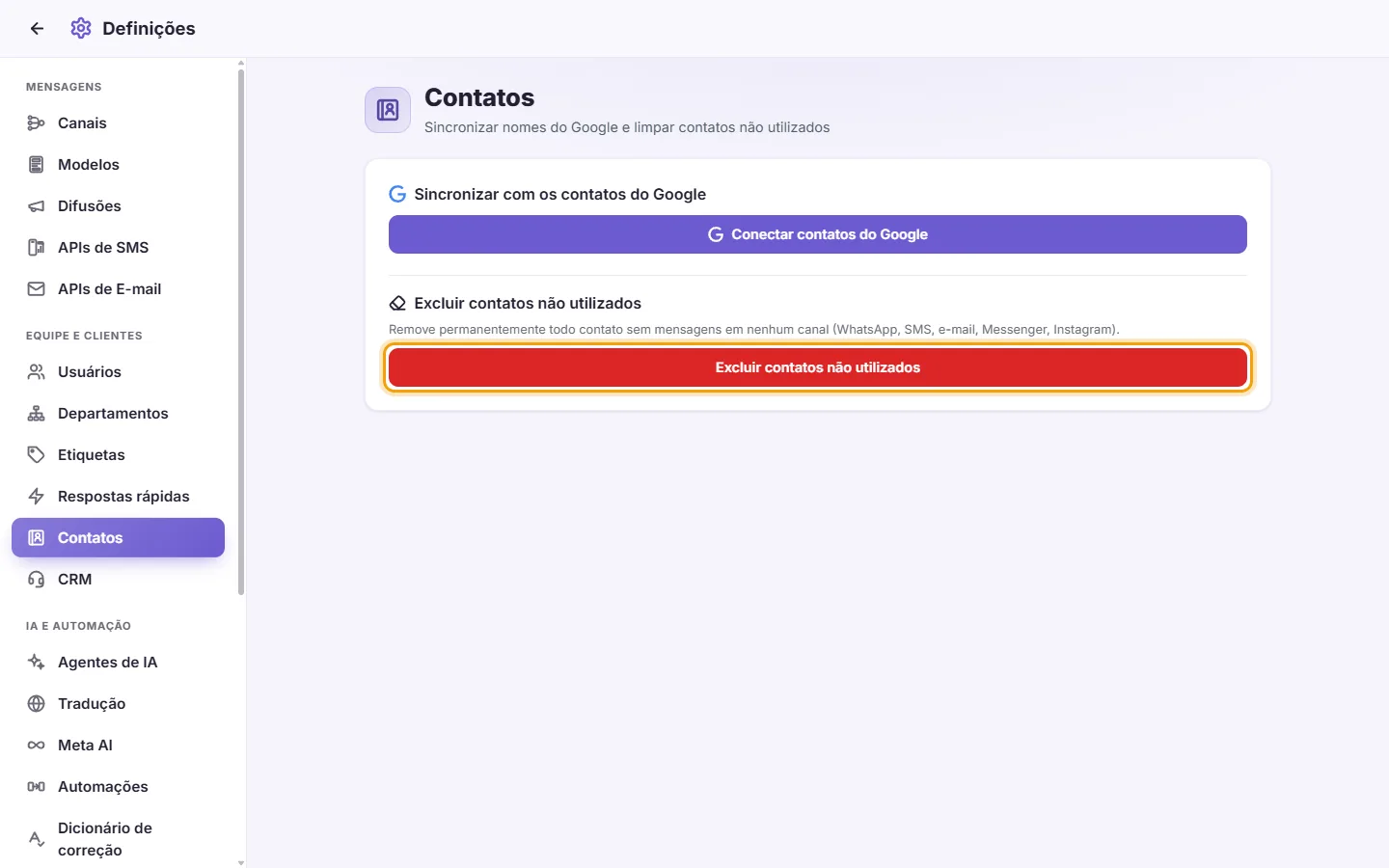Settings, Contacts: the red "Delete unused contacts" button