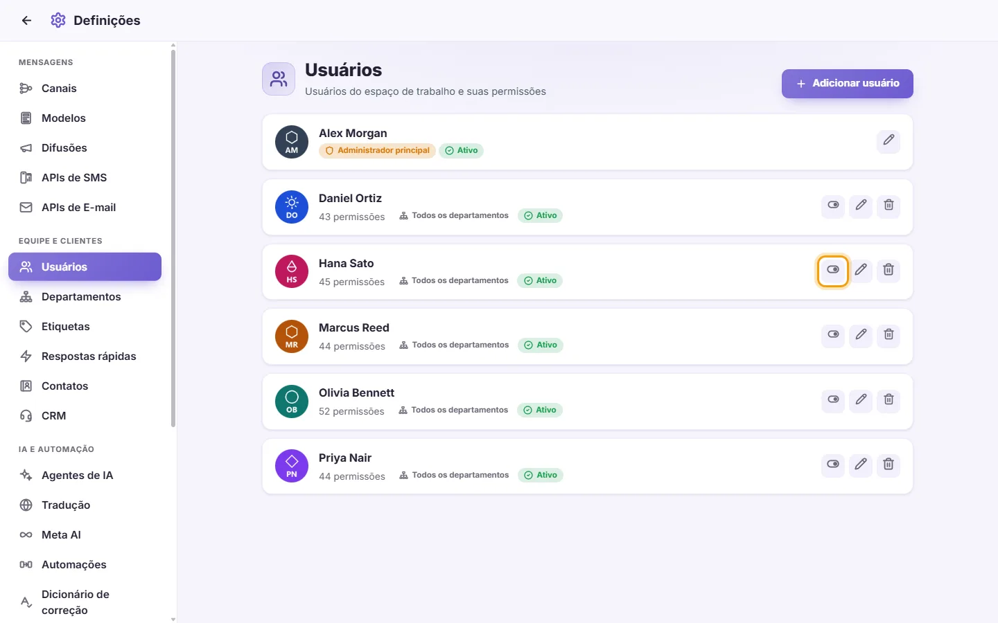 Settings, Users: the Enable / Disable switch on a user's card