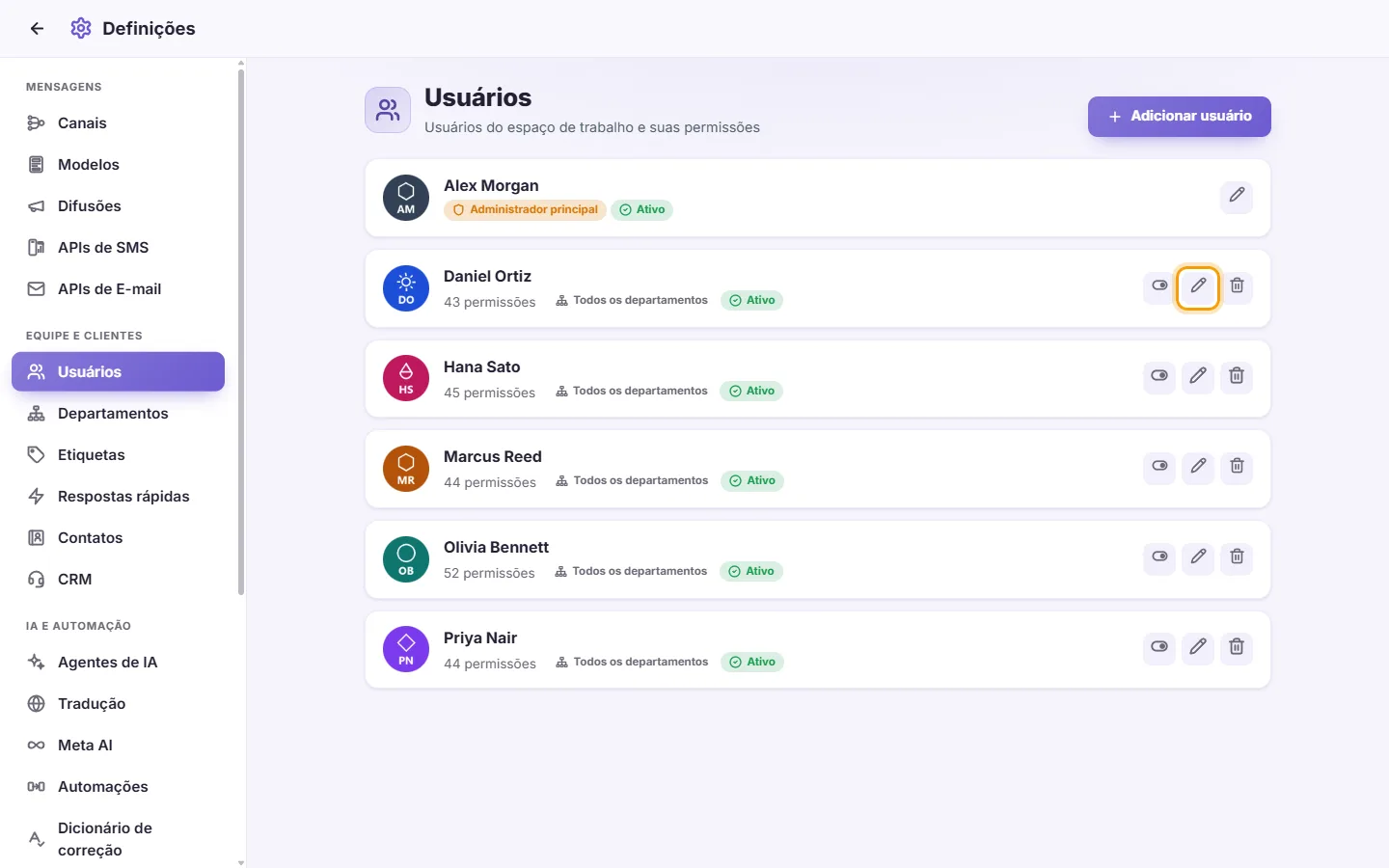 Settings, Users: the Edit button (the pen) on a user's card
