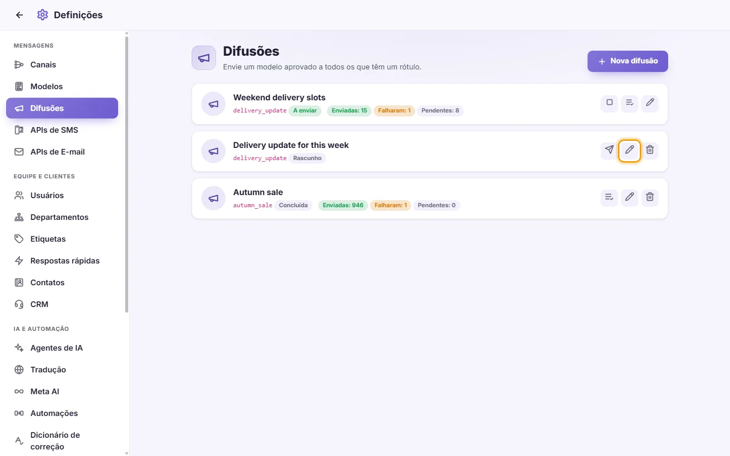 Settings, Broadcasts: a draft's Edit and Delete buttons (only a draft can be changed)