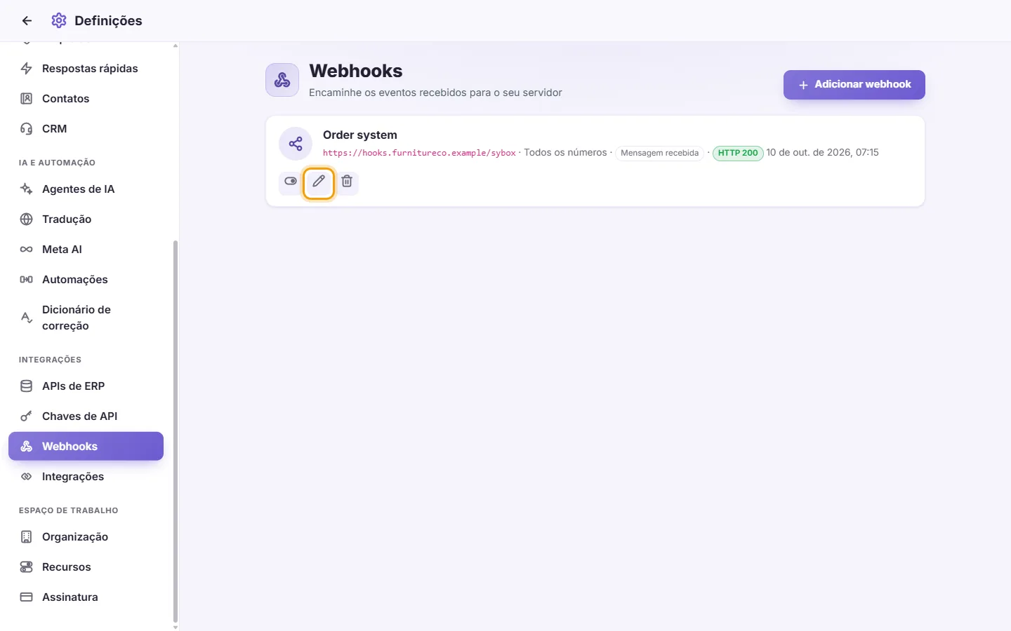 To edit, pause or delete a webhook: "Edit" marked on the screen in SyBox