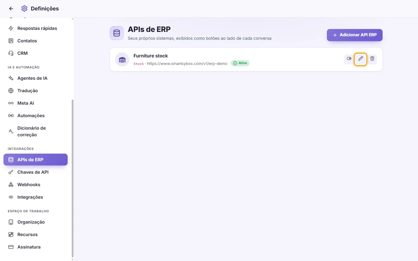 To edit, pause or delete an ERP API: "Edit" marked on the screen in SyBox