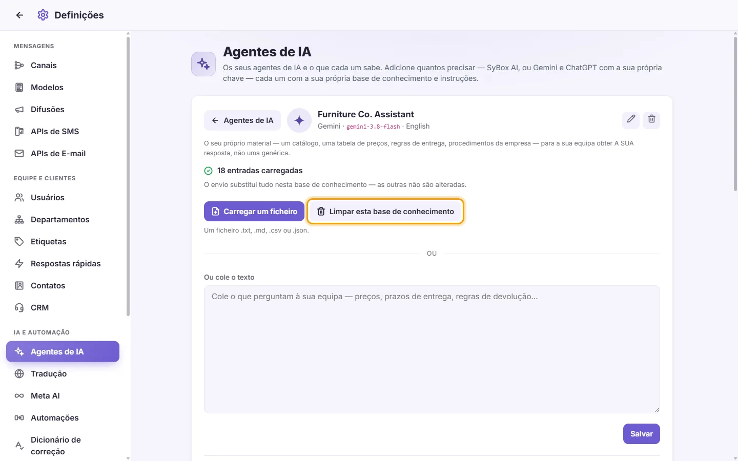 An agent's page: "Clear this knowledge base" (it works once something is loaded)