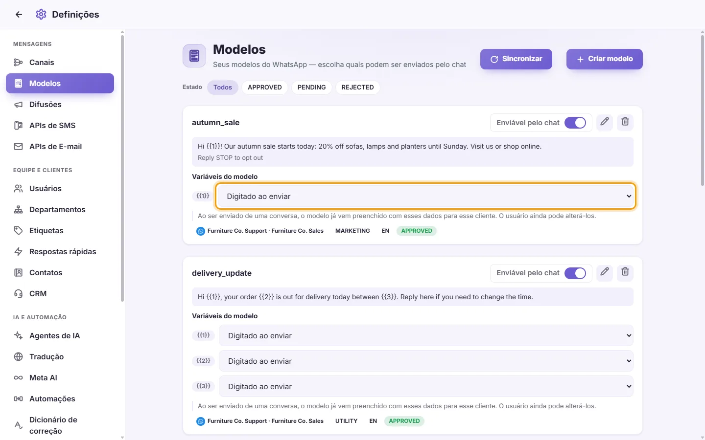 A template card: the source that fills {{1}} when the template is sent from a conversation