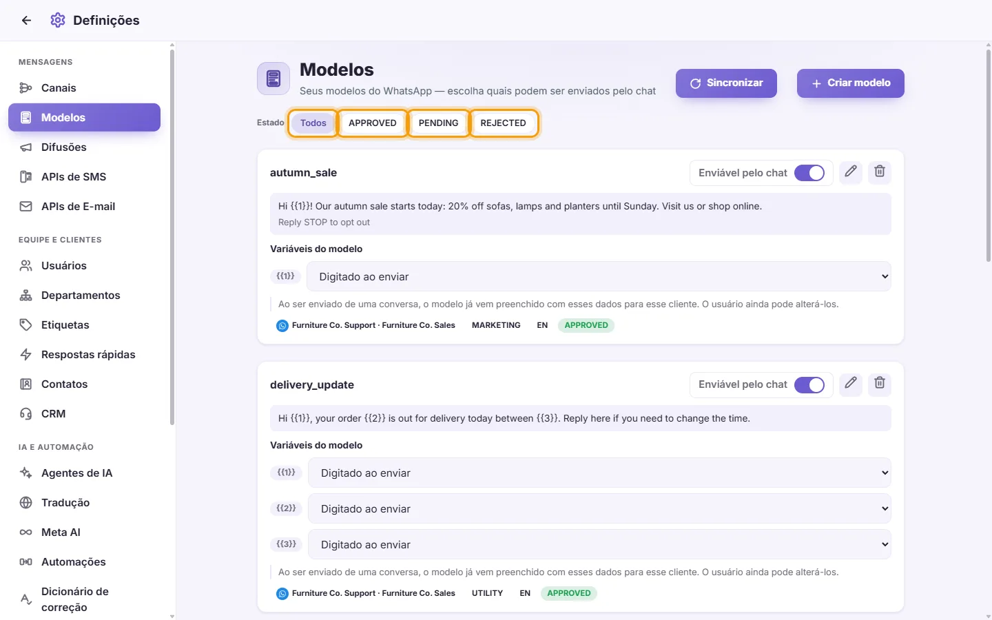 Settings, Templates: the filters All, APPROVED, PENDING and REJECTED above the cards