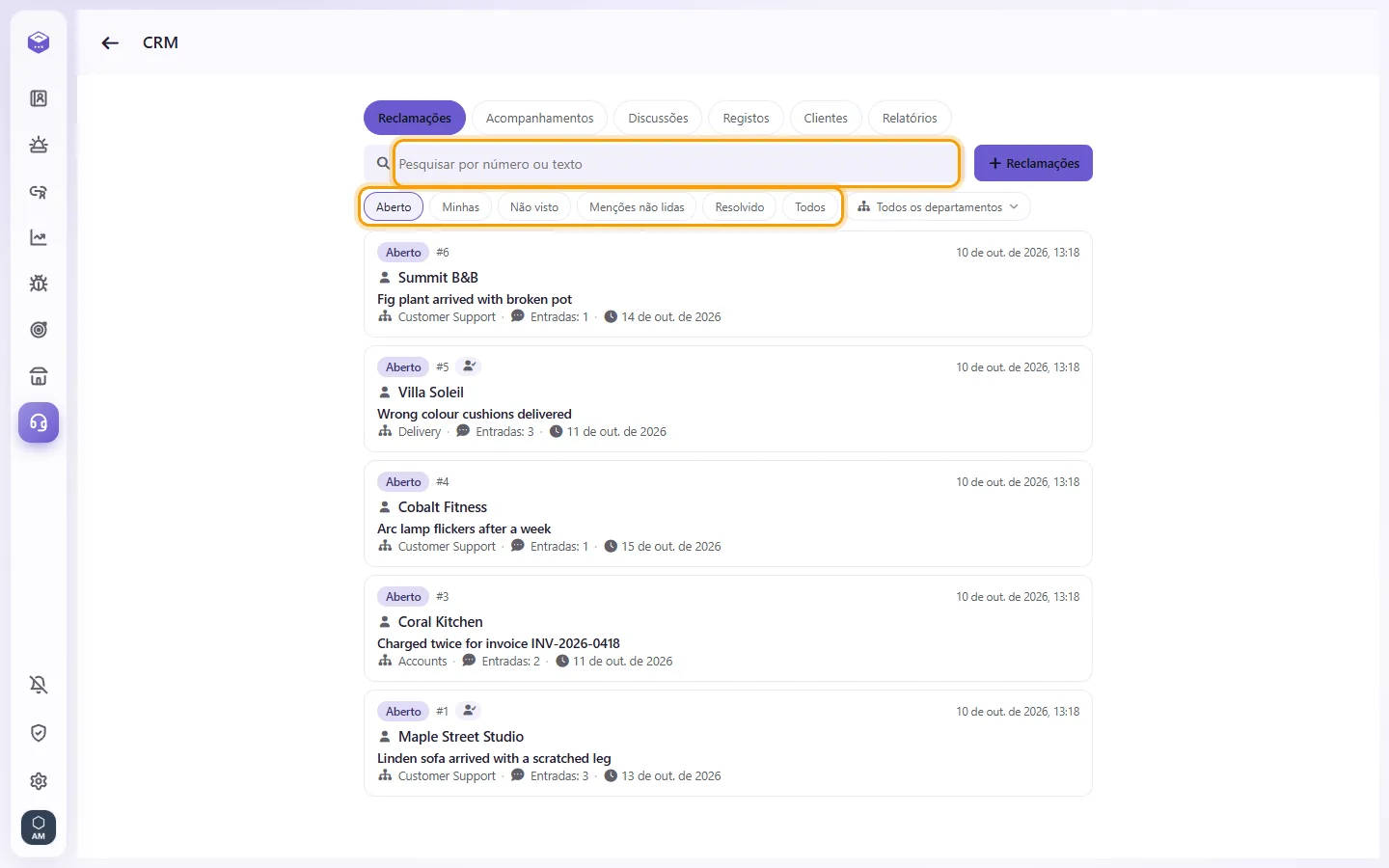 CRM: the search box (a case number or words) and the filters Open, Mine, Unseen, Unread mentions, Solved and All