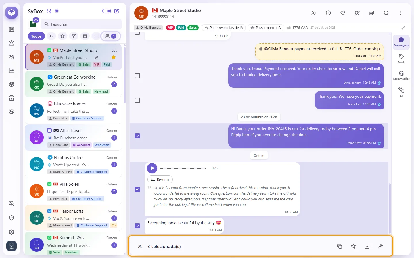 Three messages ticked in the chat, each box beside them filled; the bar below says "3 selected" with Copy, Star, Save and Forward