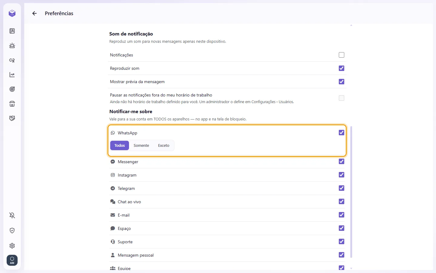 Preferences, Notify me about: a channel's All / Only / Except
