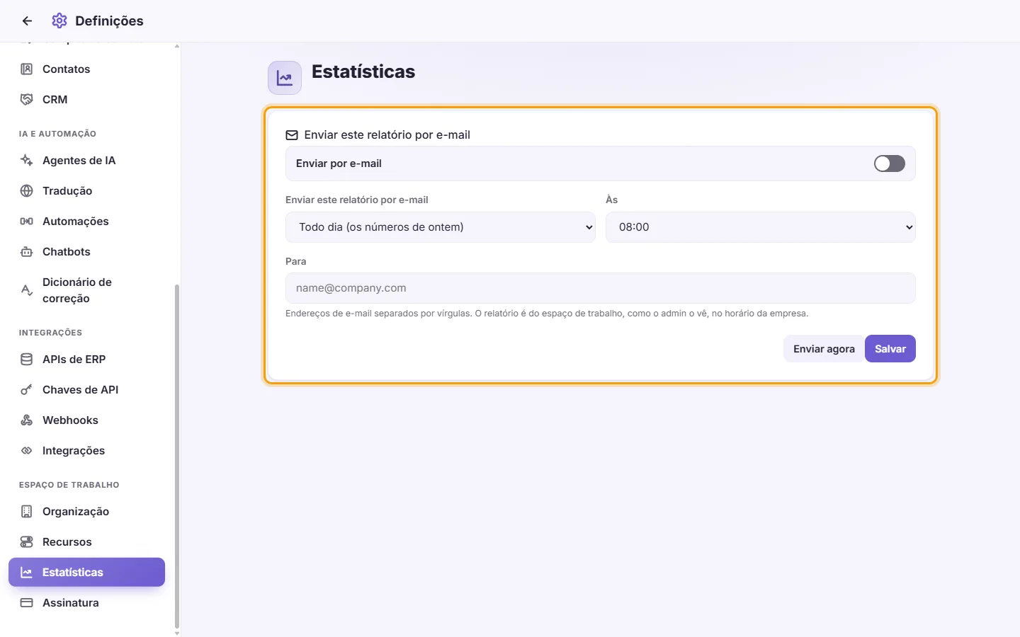 Settings, Analytics: "Email this report", daily or weekly, the hour, To, Save and Send now