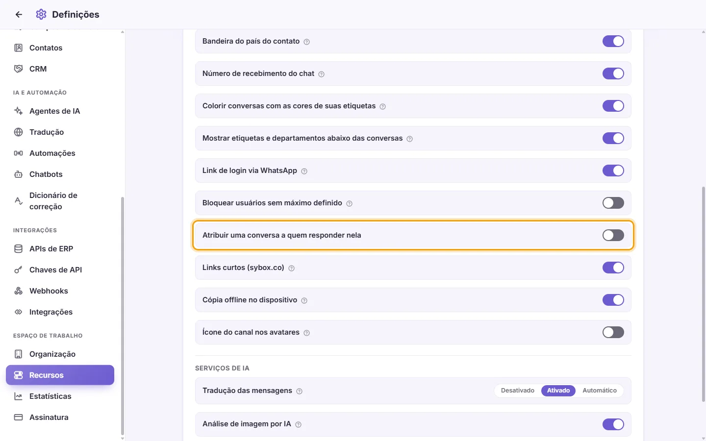 Settings, Features: "Assign a conversation to whoever replies in it"