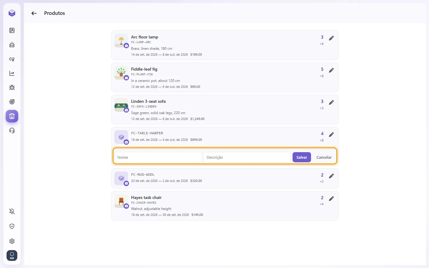 Products: the item's Edit form with its Name and Description boxes and the Save button