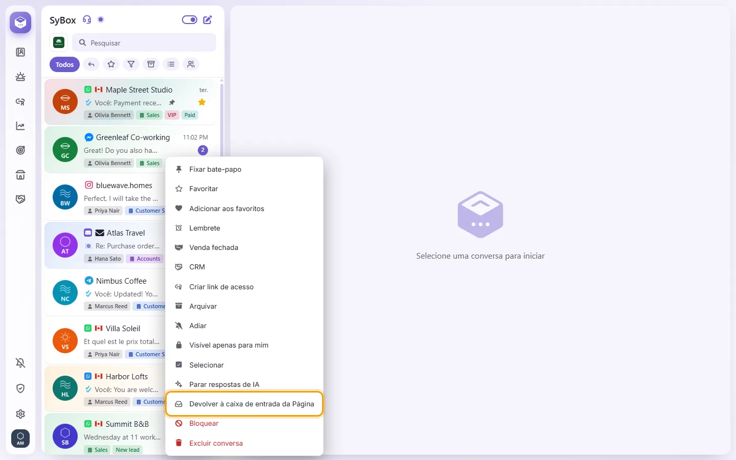 A Messenger conversation's menu: "Hand back to the Page inbox"