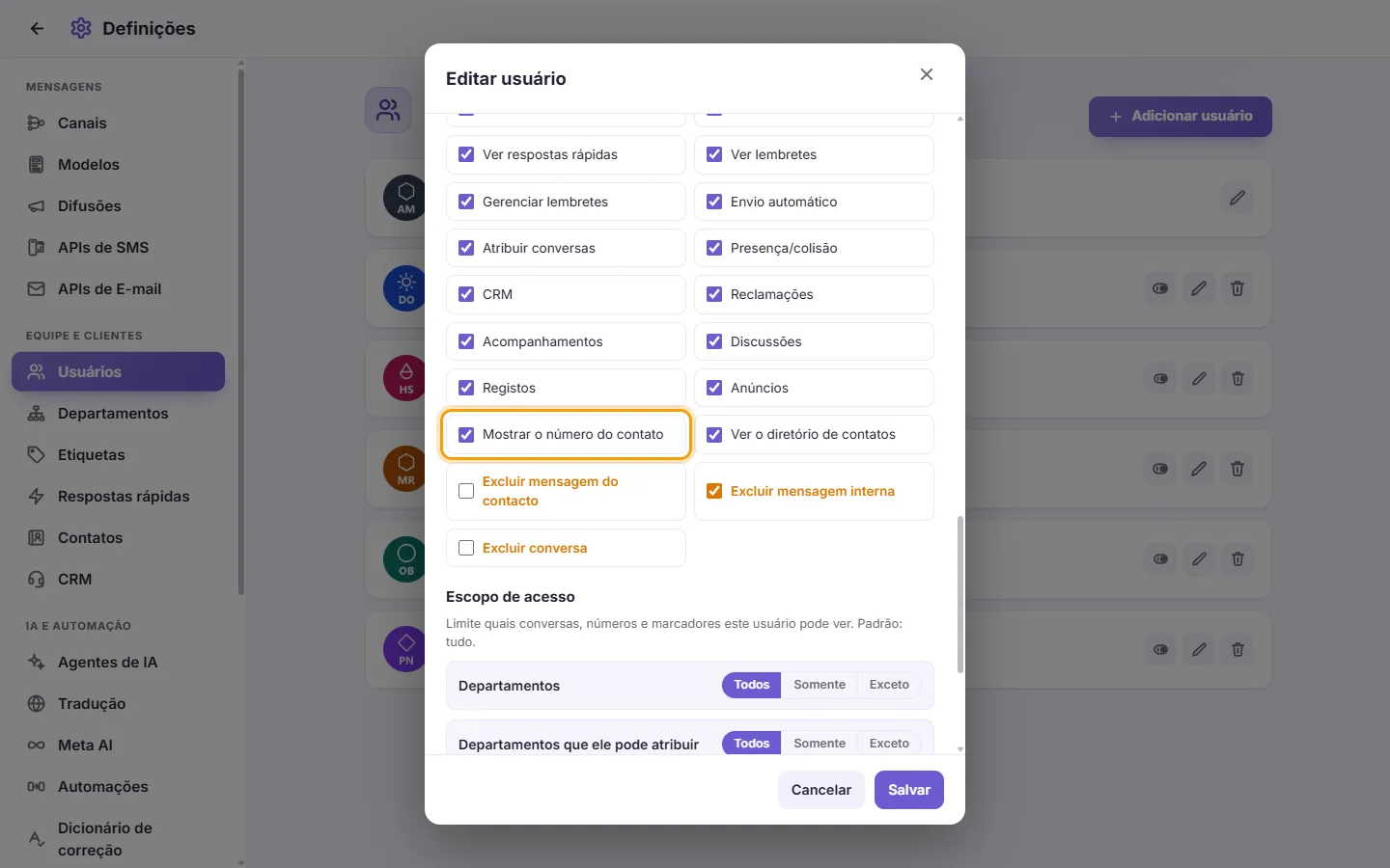 The Edit user window: the "Show contact number" permission, untick it to hide customers' numbers