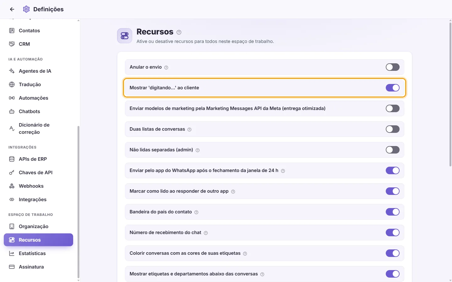 Settings, Features: the customer sees "typing…" when an agent writes