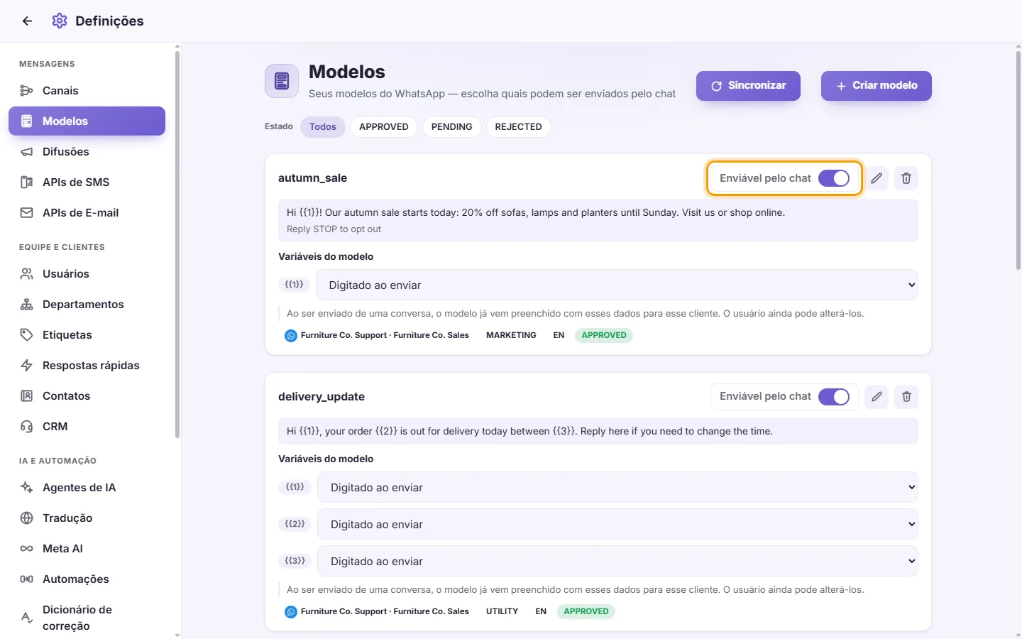 To let the team send a template from conversations: "Sendable from chat" marked on the screen in SyBox
