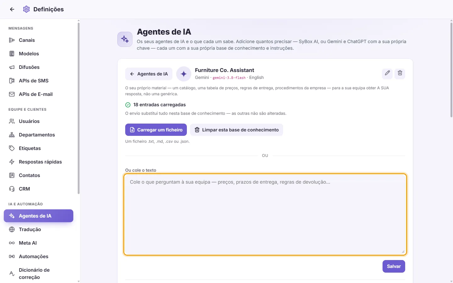An agent's page: the "Or paste the text" box for its knowledge base