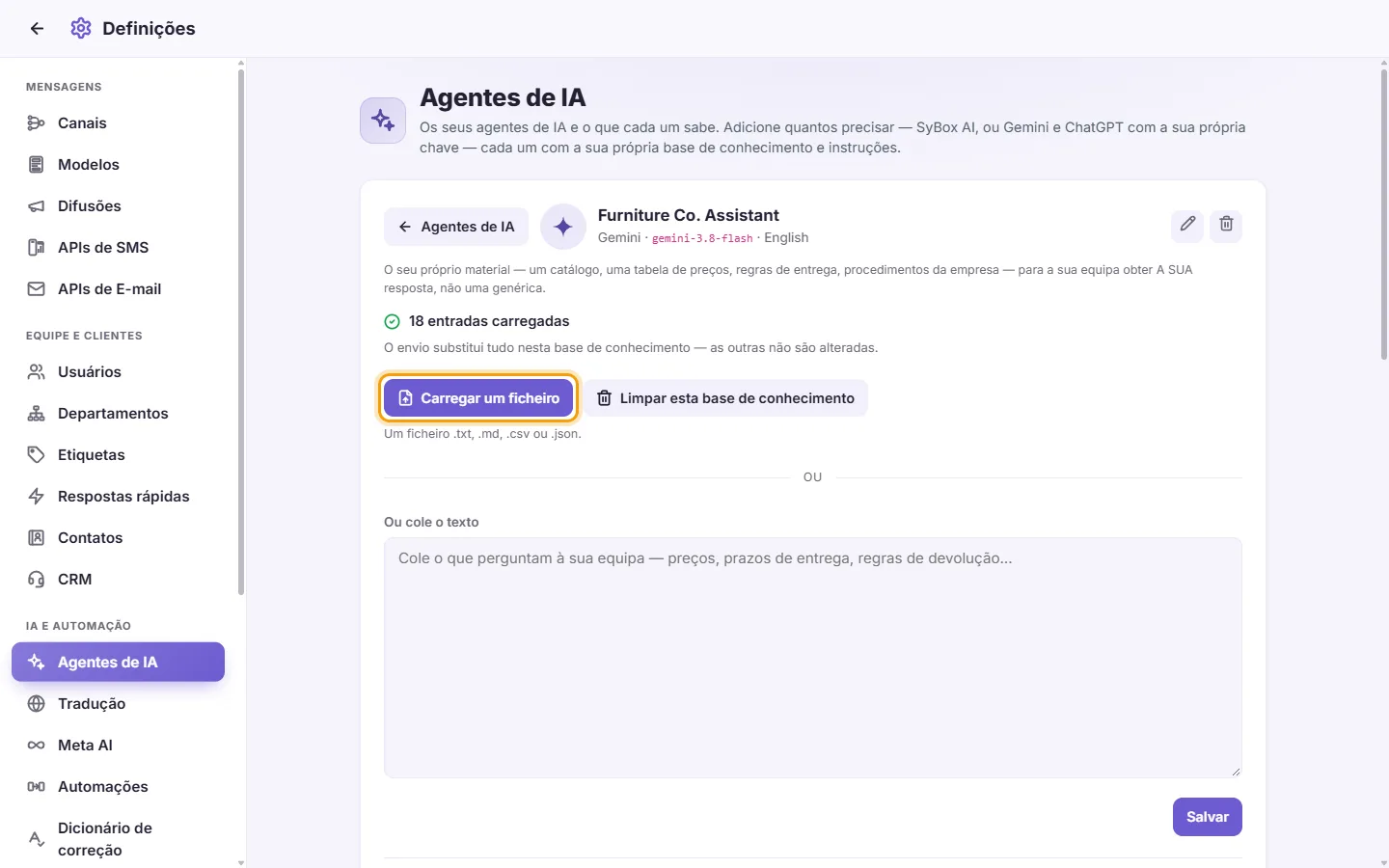 An agent's page: the "Upload a file" button for its knowledge base
