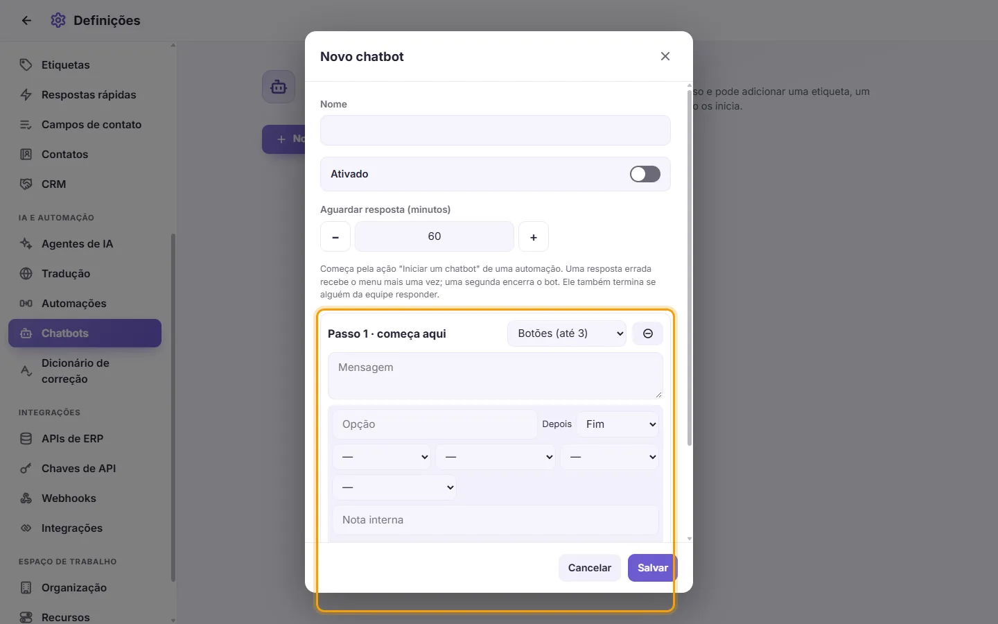A chatbot step: its kind, its message and its choices