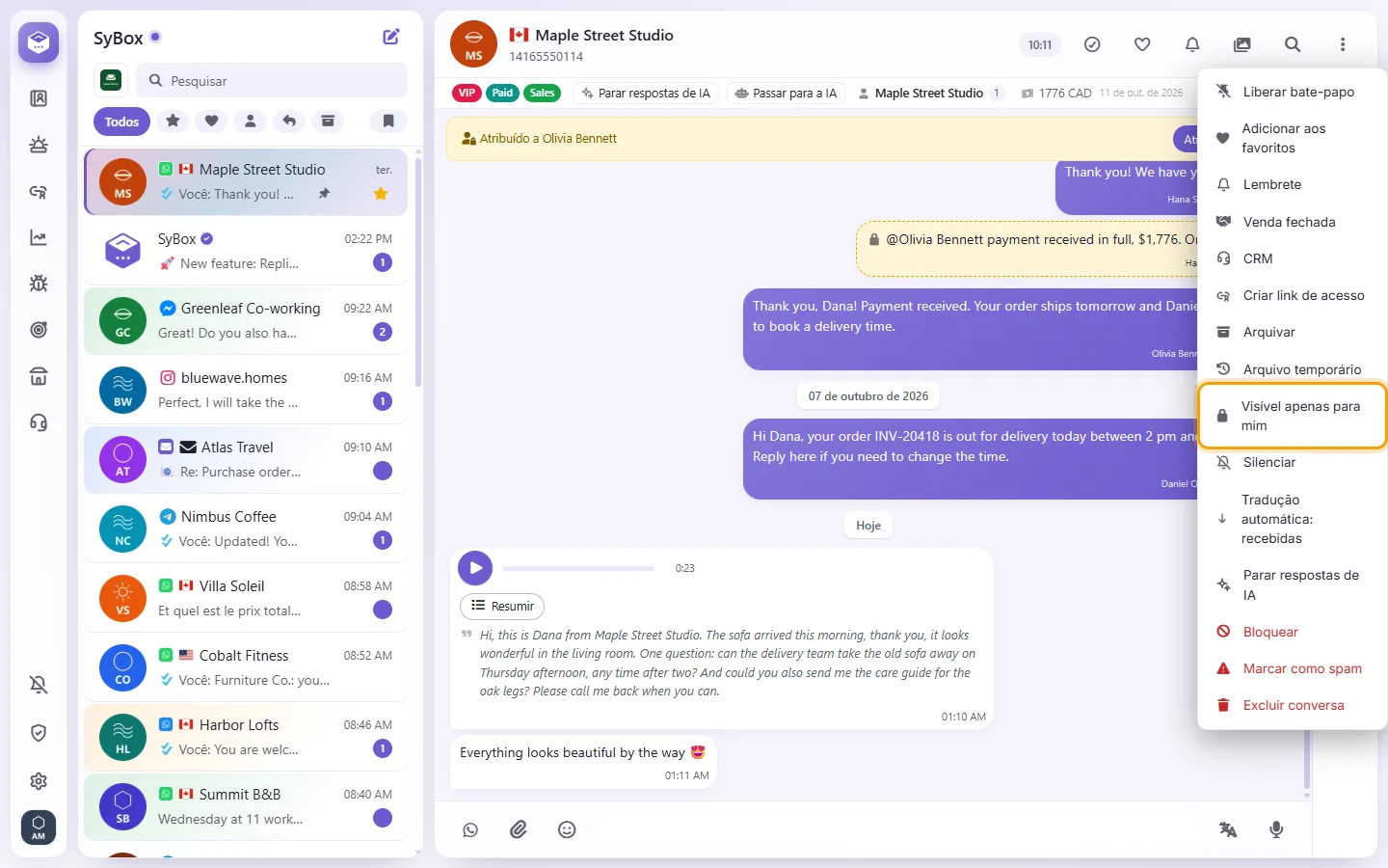 To make a conversation visible to you only: "Visible to me only" marked on the screen in SyBox