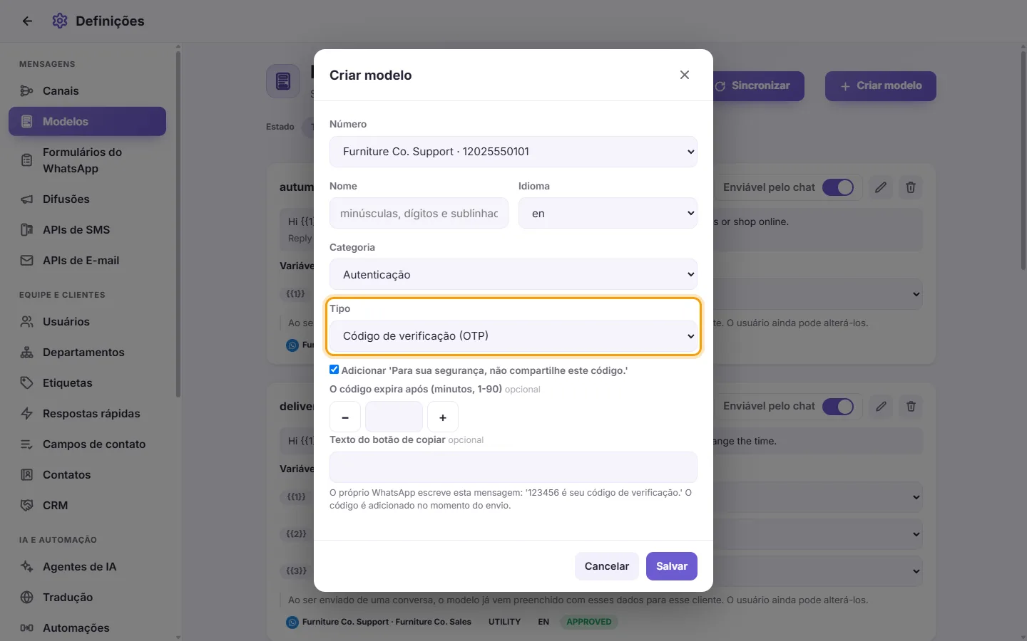 A new template of the kind "Verification code (OTP)": WhatsApp writes the message