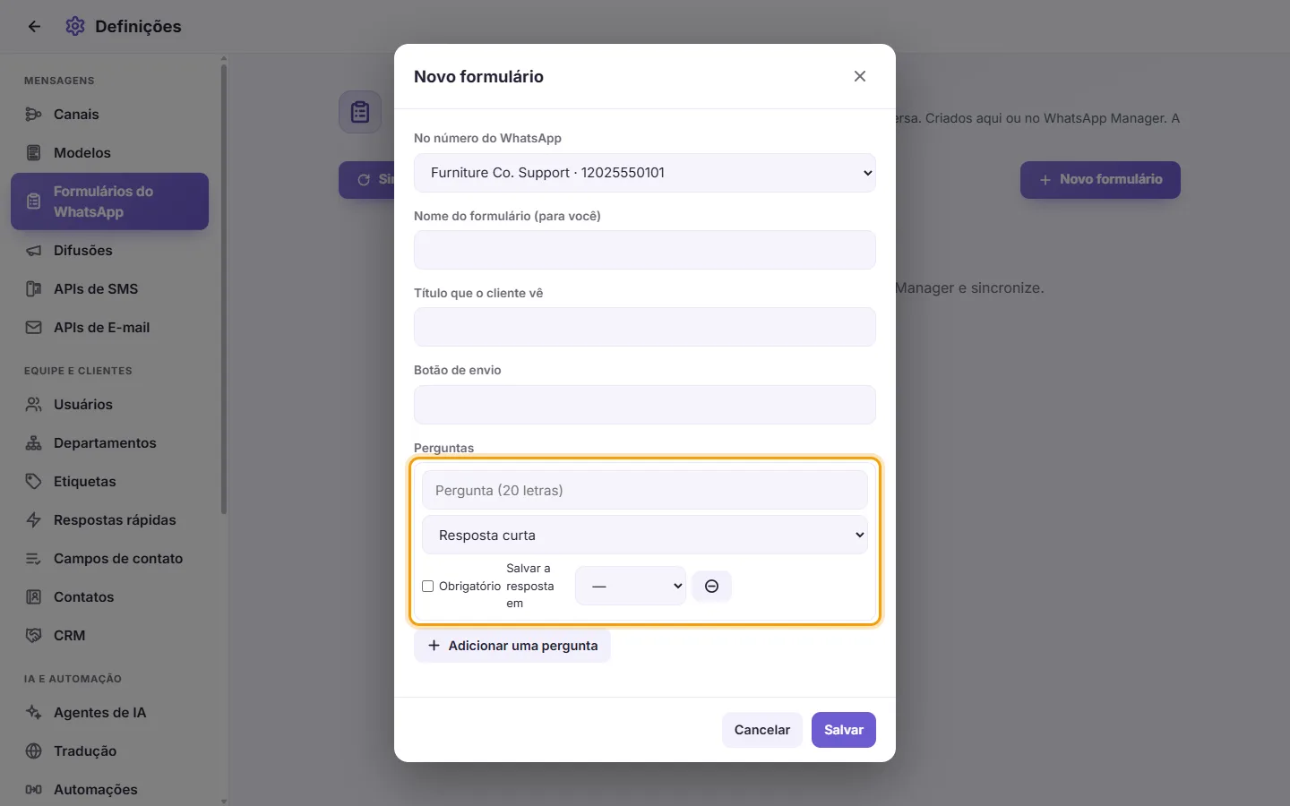 A WhatsApp form's questions: the question, its kind, Required and "Save the answer in"