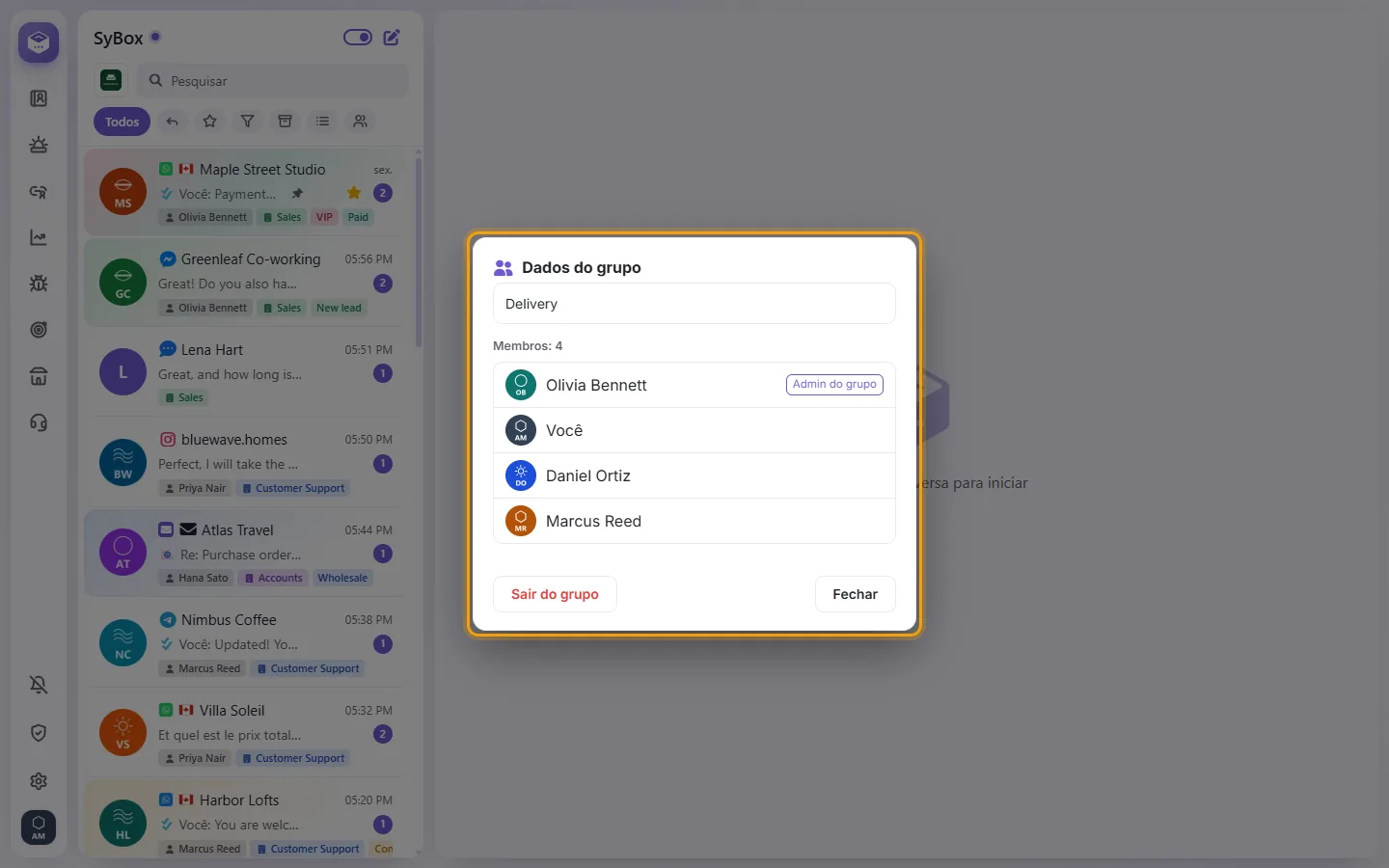 Group info: its members, the group admin marked, and Add members / Leave group