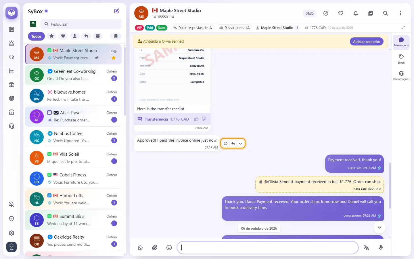 Pointing at a message shows its actions: React, Reply and More