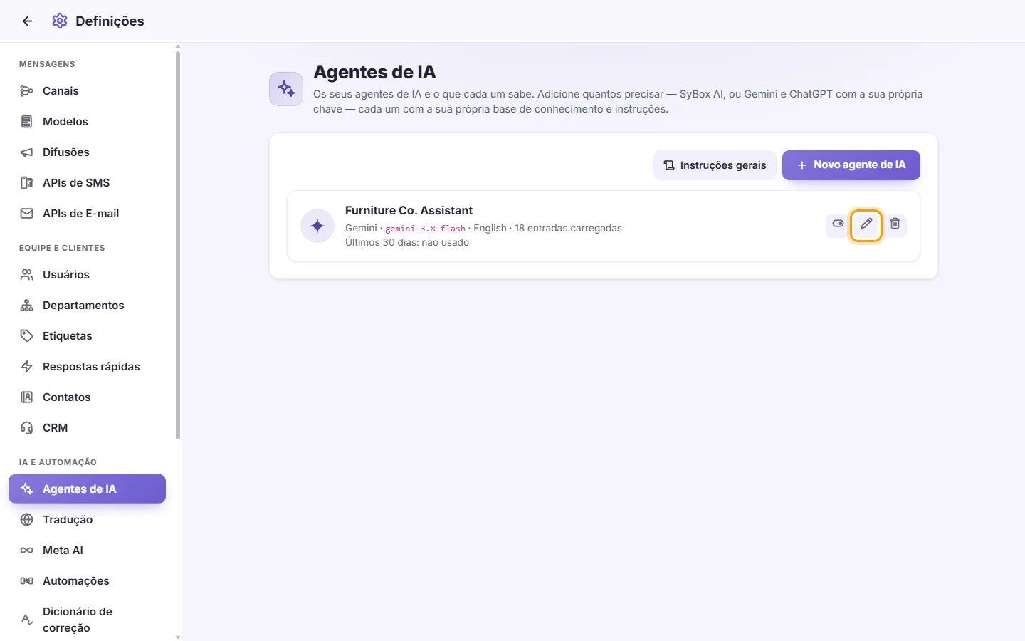 Settings, AI Agents: the pen on an agent's card opens its page